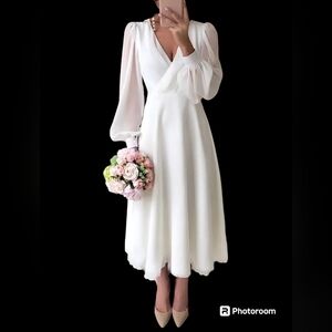 NWT LanTing White Chiffon Dress/Long Sleeves, Tea Length, Approx.  40" Bust